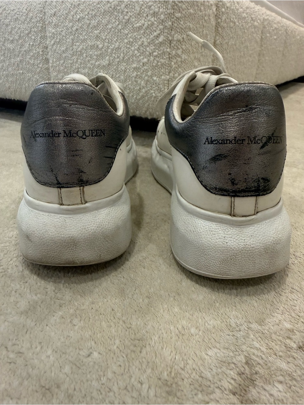 Alexander McQueen White Larry Leather Sneakers with Metallic Silver Heel Tab